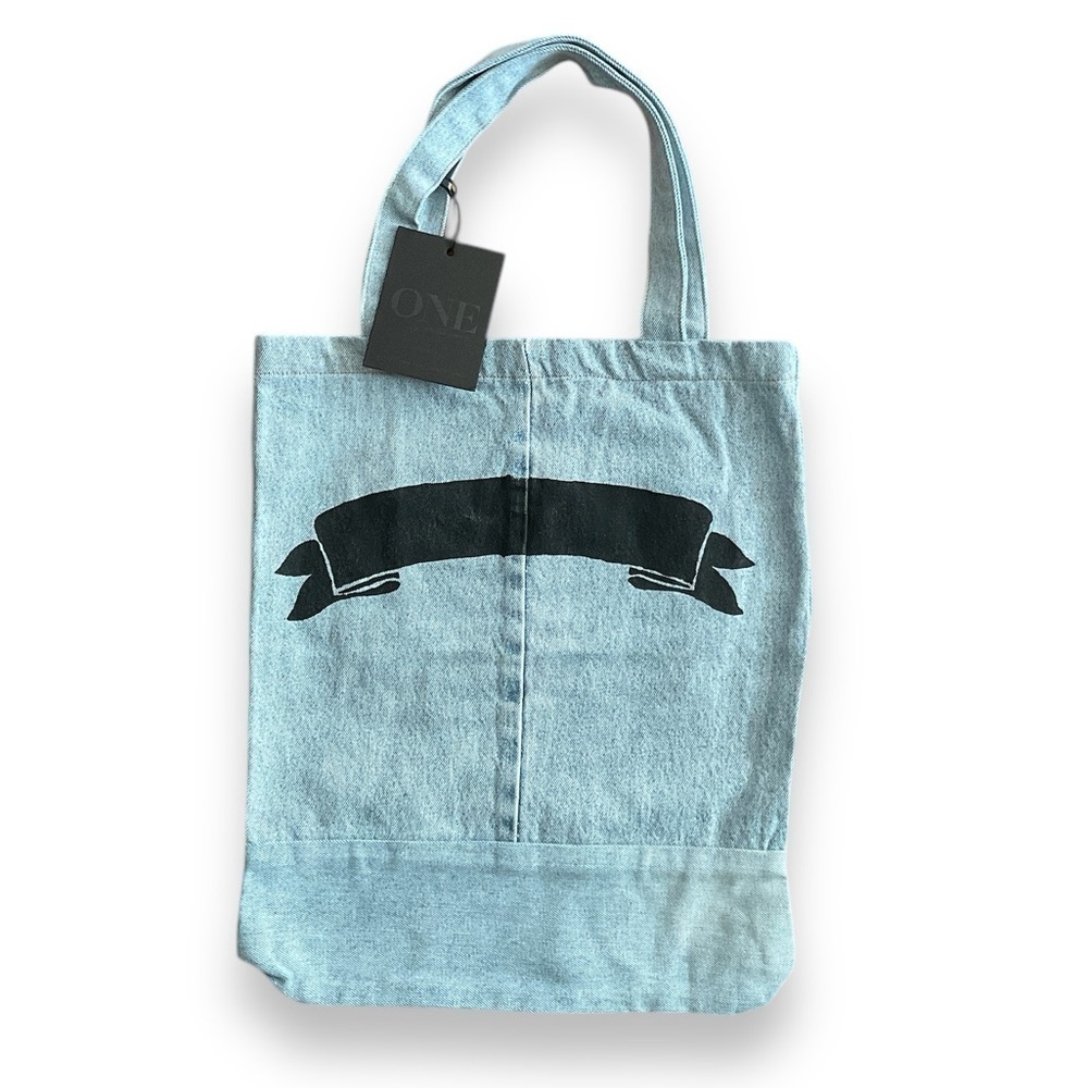 One Teaspoon Fame Light Wash Ribbon Graphic Vintage Denim Jean Tote Shoulder Bag
